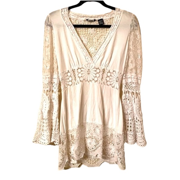 Floral Crocheted Creamy White Mini Dress Bell Sleeves. Coastal Gramma - Picture 2 of 11